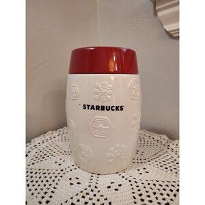 2011 Starbucks Red white Holiday Snowflake Ceramic Coffee Canister 7" Tall